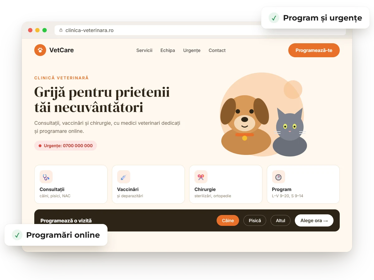 Creare site clinici veterinare 1 Exemplu de site pentru clinică veterinară cu programări și urgențe